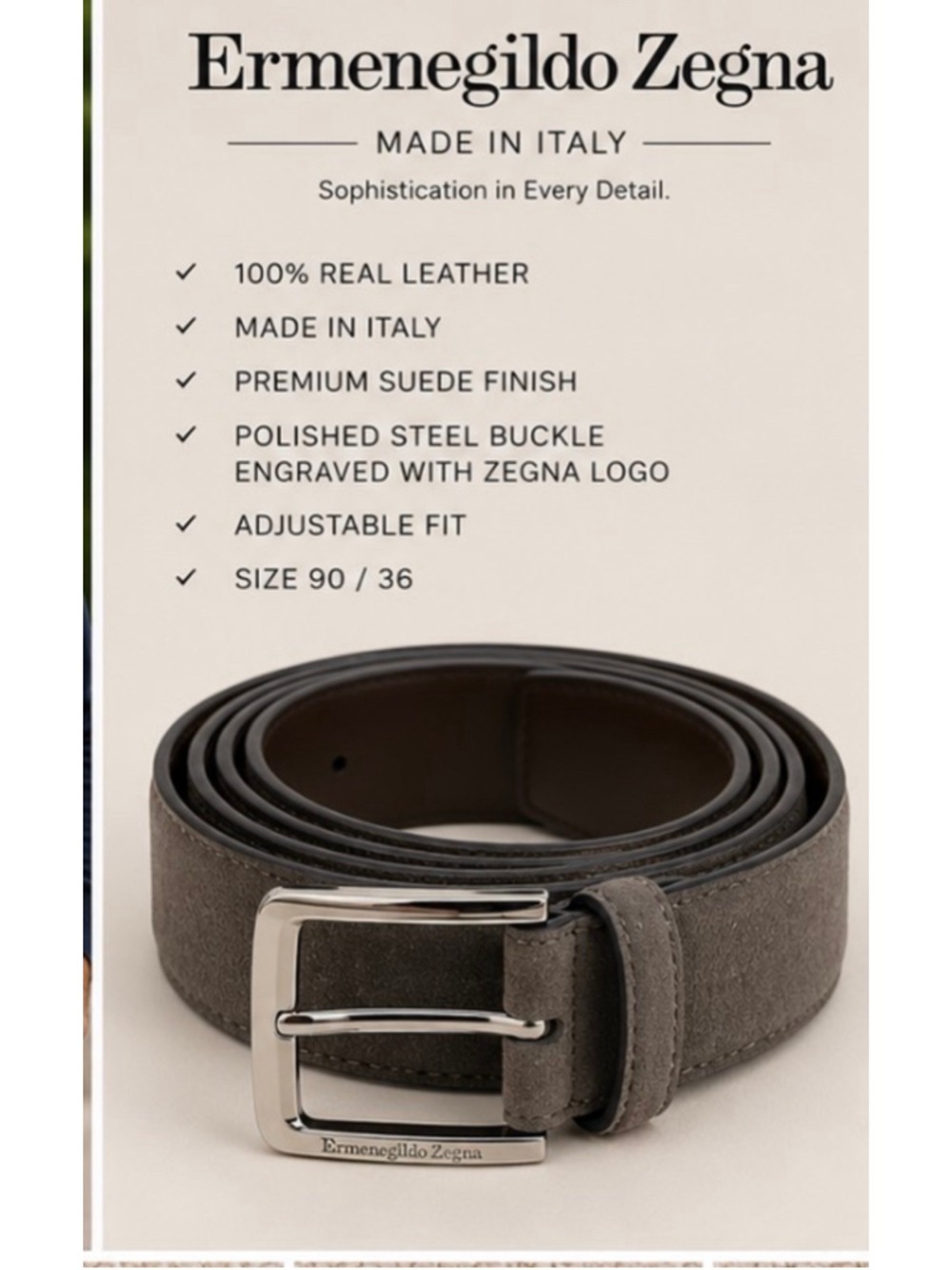 Men's Ermenegildo Zegna Suede Belt, Size 90cm/36in Grey Silver New!